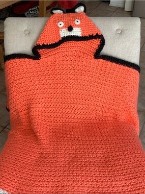 Handmade Kids Orange Fox Hooded Blanket - Cozy Crochet NB to 5yrs